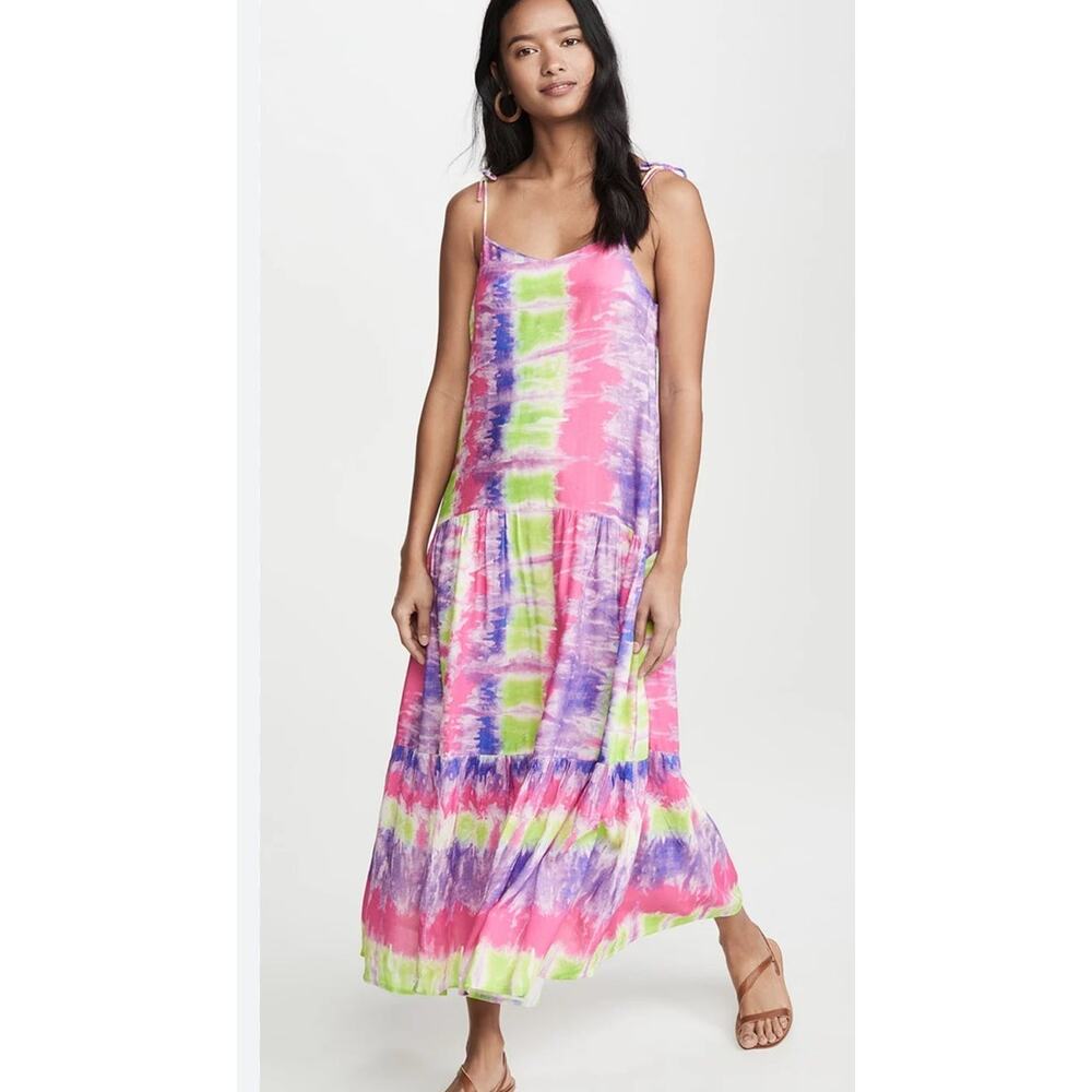 Playa Lucila Multicolored Tie Dye Tie Shoulder Maxi SunDress sz XS